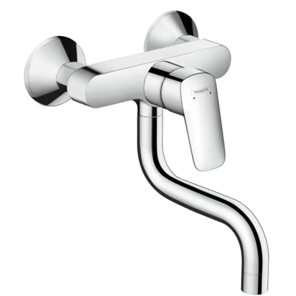 Wandmontierter Spültischmischer aus glänzendem Metall von Hansgrohe mit einem einstellbaren Hebel zur Steuerung von Wasserfluss und Temperatur.
